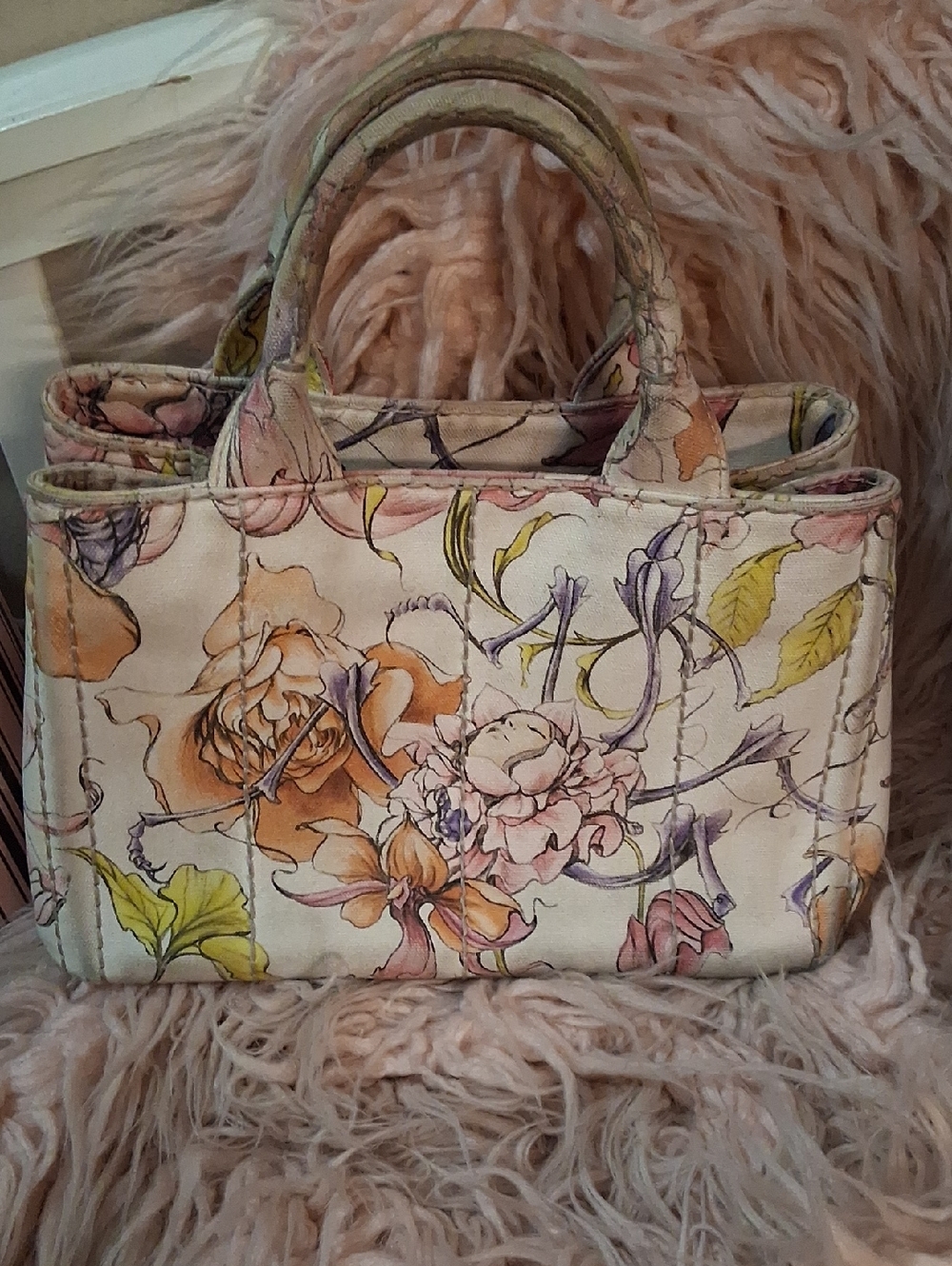 RARE PRADA FAIRY COLLECTION BAG loral Print Mini Tote Bag - Pink & Cream